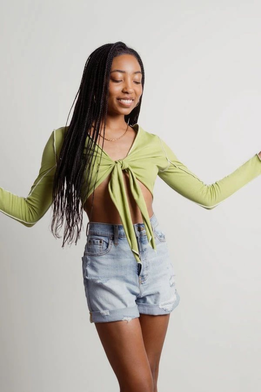 * Tobi Make Money Green Contrast Stitch Tie Crop Top | Crop Tops