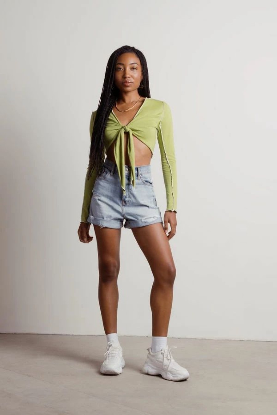 * Tobi Make Money Green Contrast Stitch Tie Crop Top | Crop Tops