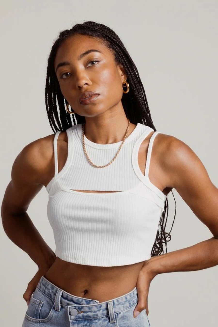 * Tobi Step Up Off White Ribbed Halter Cutout Crop Top | Crop Tops