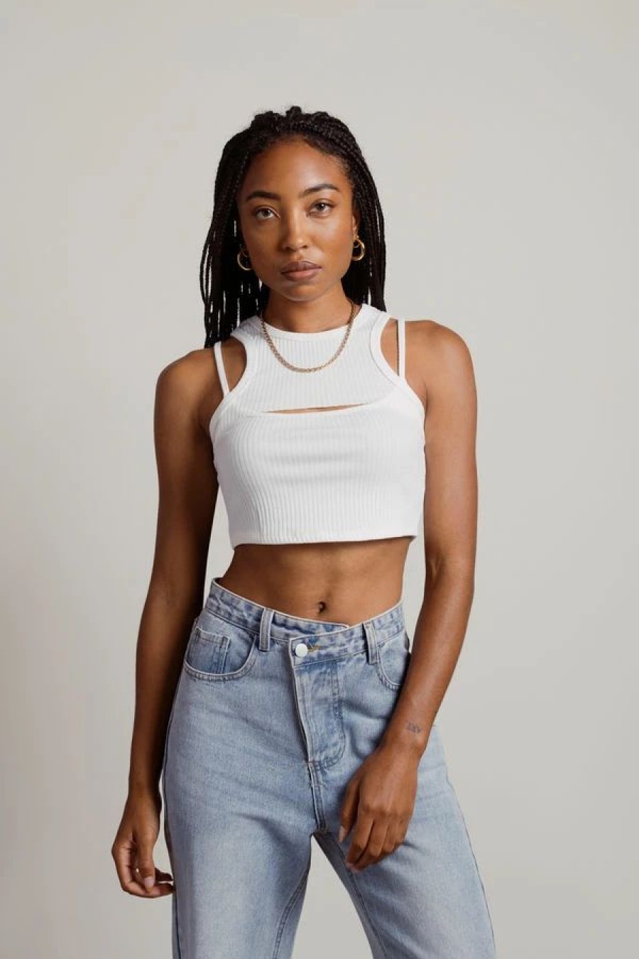 * Tobi Step Up Off White Ribbed Halter Cutout Crop Top | Crop Tops