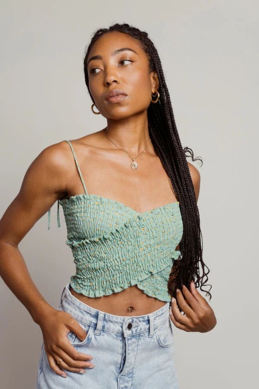 * Tobi Take It Away Mint Floral Smocked Crop Top | Crop Tops