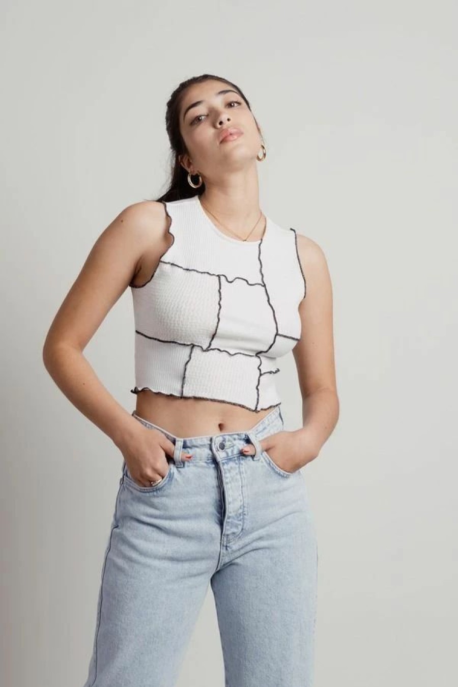 * Tobi Stop Me White Patchwork Contrast Stitch Crop Top | Crop Tops