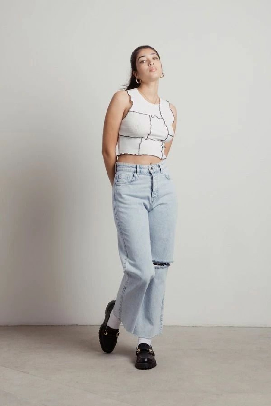 * Tobi Stop Me White Patchwork Contrast Stitch Crop Top | Crop Tops