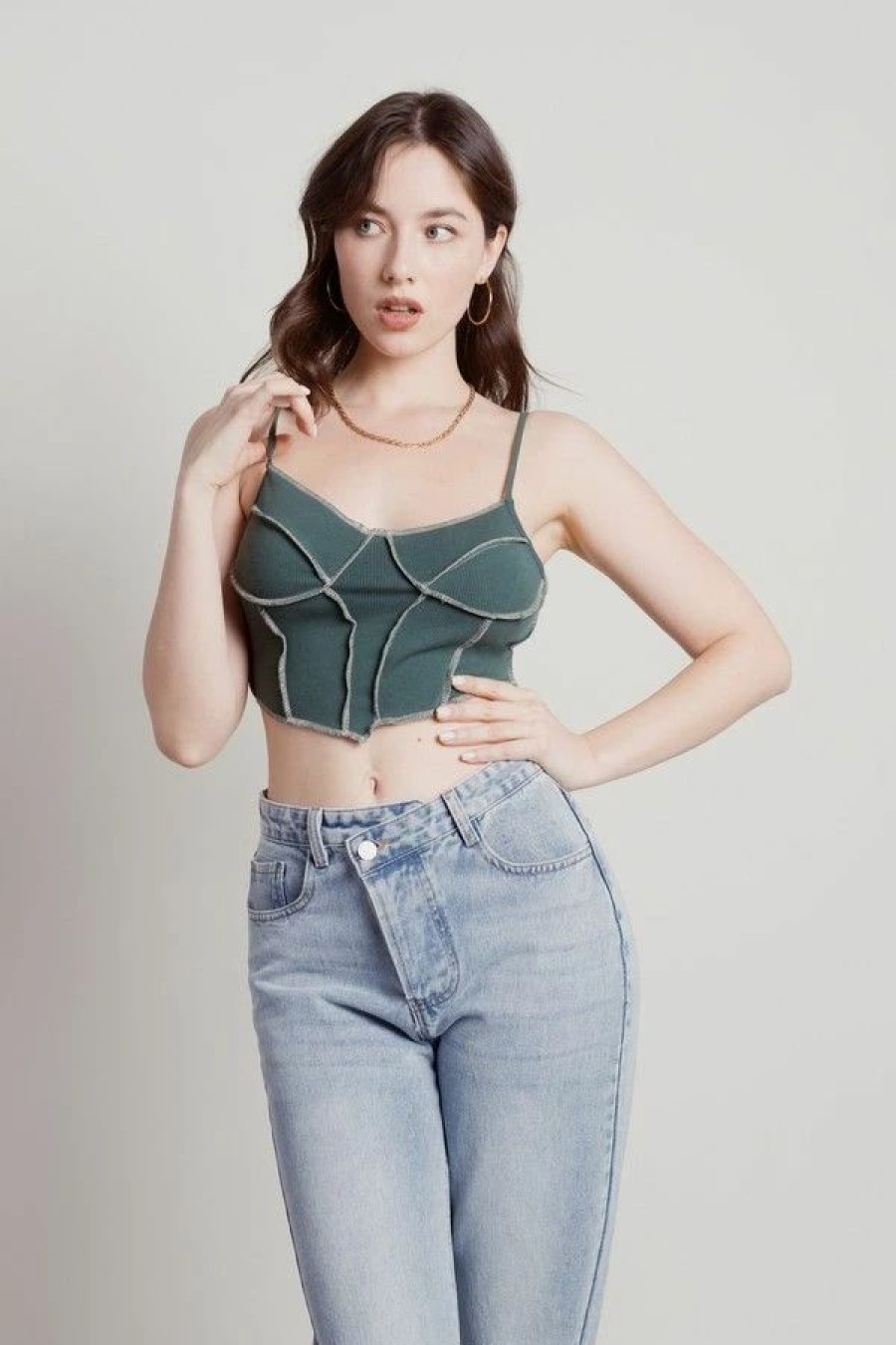 * Tobi Never Let Me Go Green Exposed Stitch Bustier Crop Top | Crop Tops