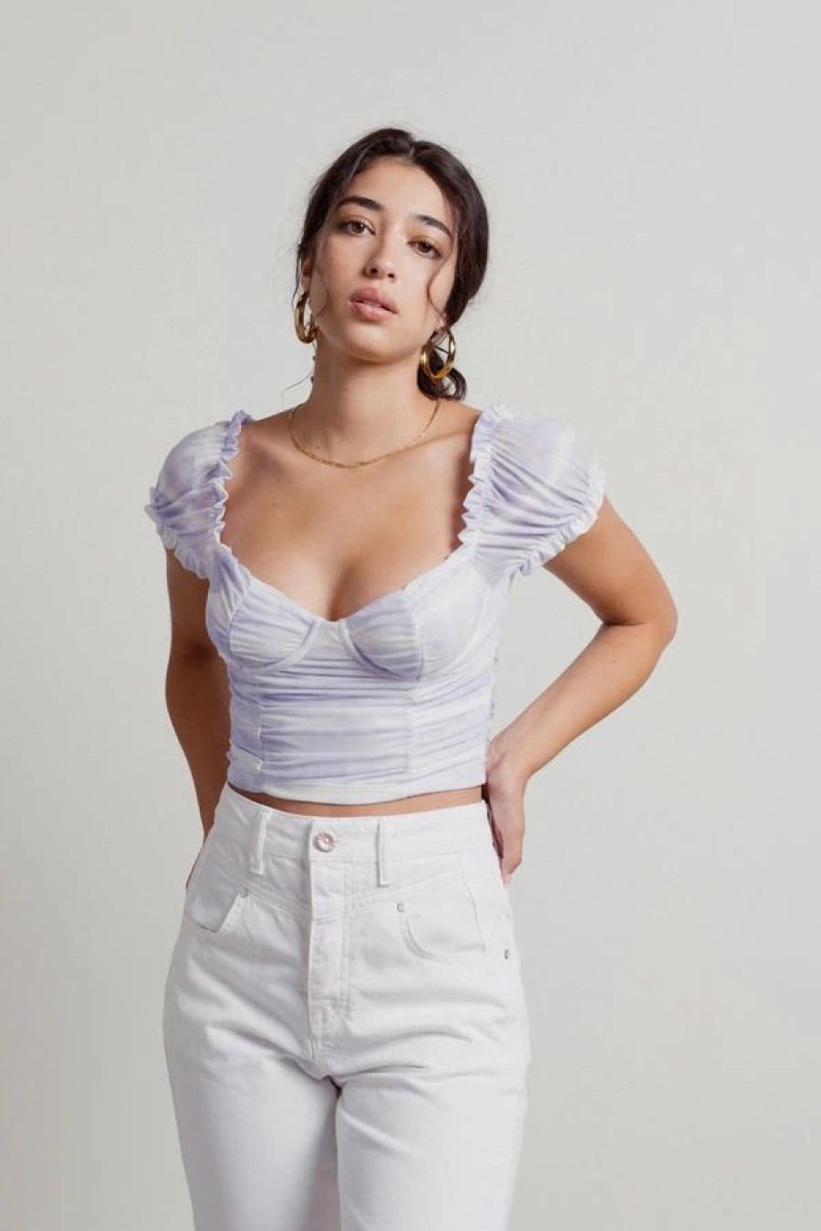 * Tobi Sweet Lullaby Lavender Ruched Mesh Bustier Crop Top | Crop Tops