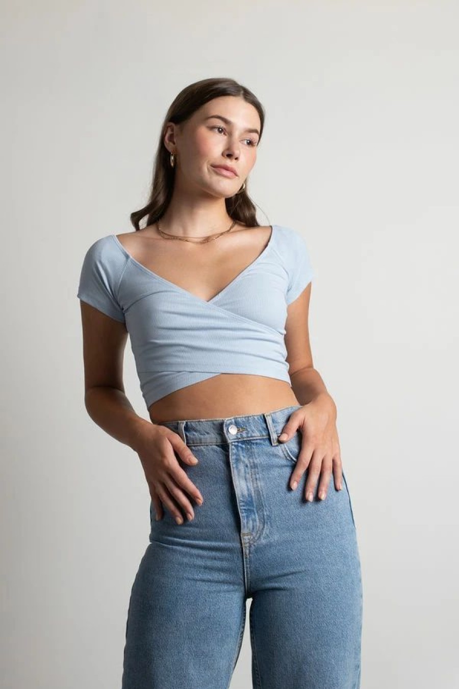 * Tobi Kacie Taupe Ribbed Surplice Crop Top | Crop Tops