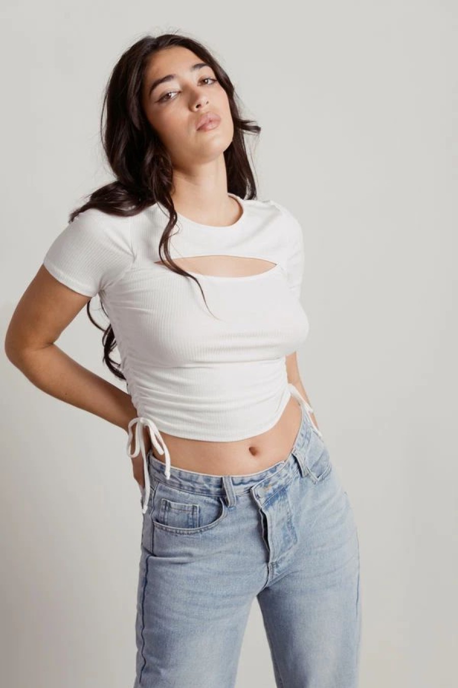 * Tobi Free Ticket Ivory Ribbed Cutout Ruched Side Crop Top | Crop Tops