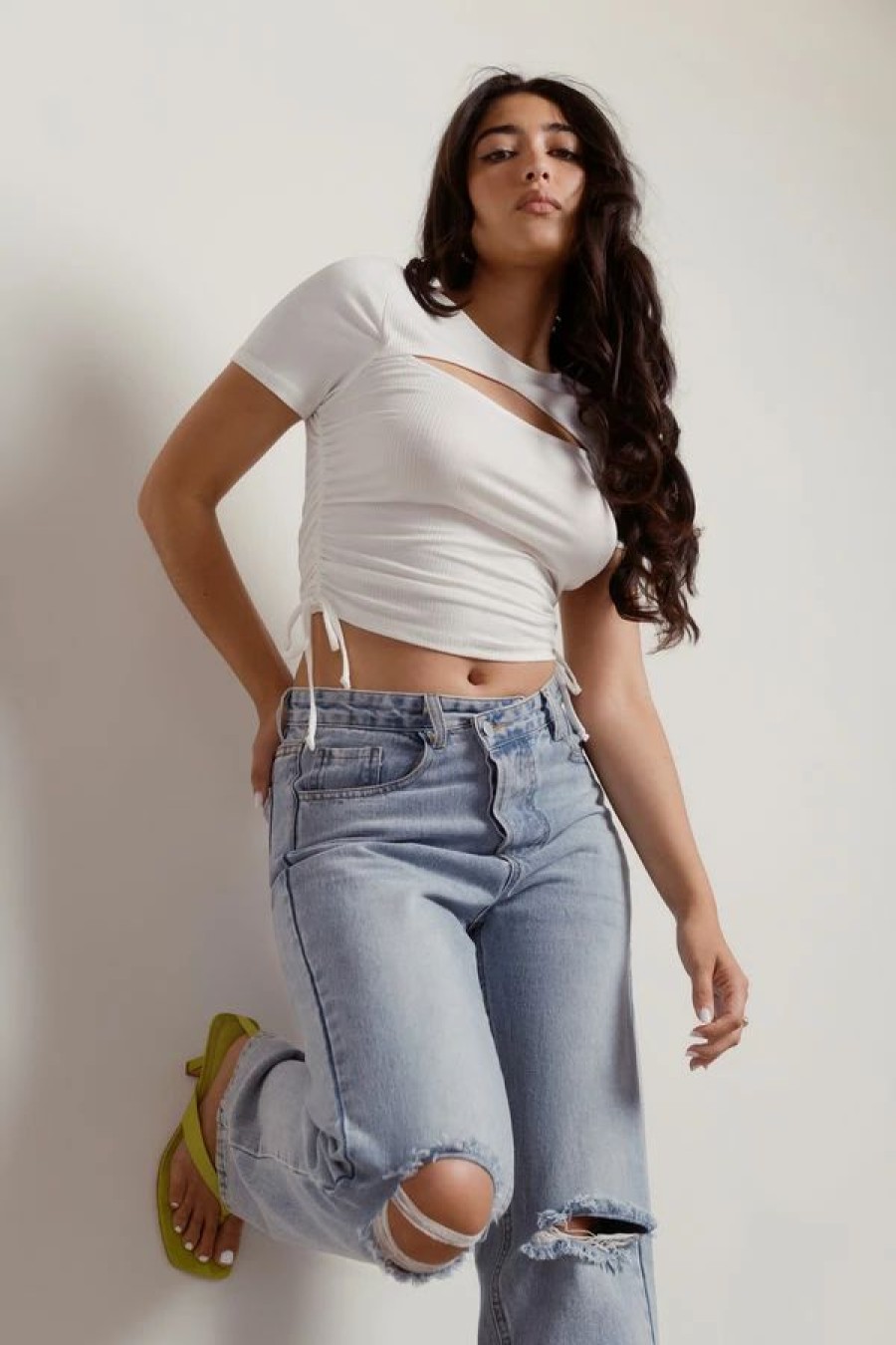 * Tobi Free Ticket Ivory Ribbed Cutout Ruched Side Crop Top | Crop Tops