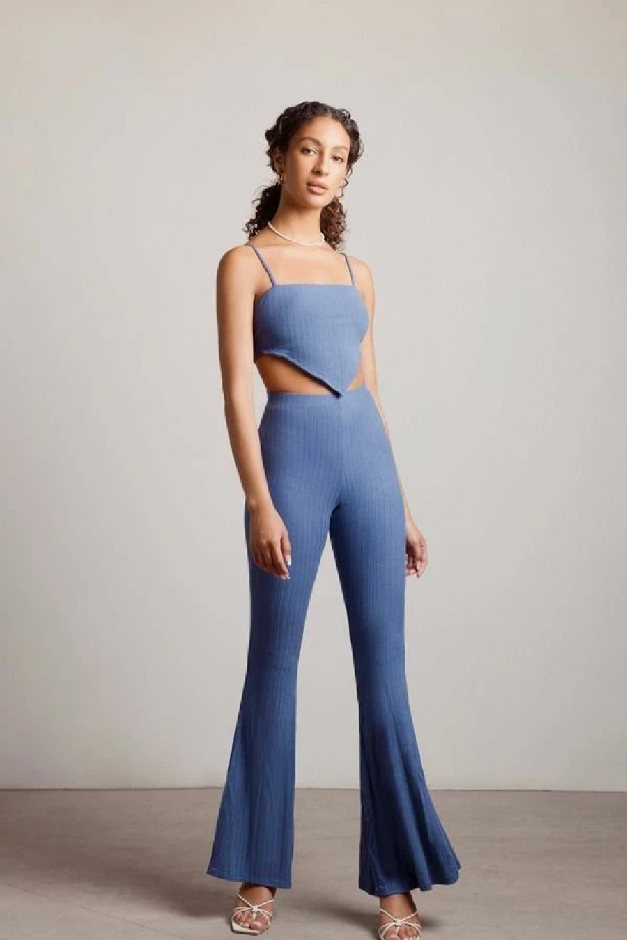 * Tobi Aura Blue Ribbed Handkerchief Crop Top And Flare Pants Set | Crop Tops