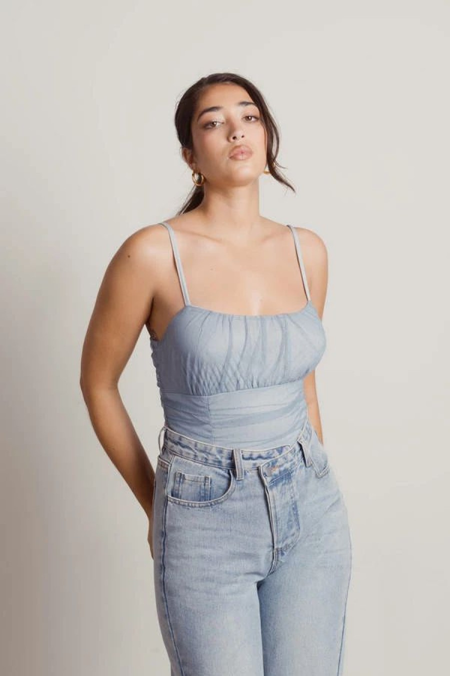 * Tobi Believe Me Light Blue Mesh Ruched Cami Bodysuit | Mesh Tops