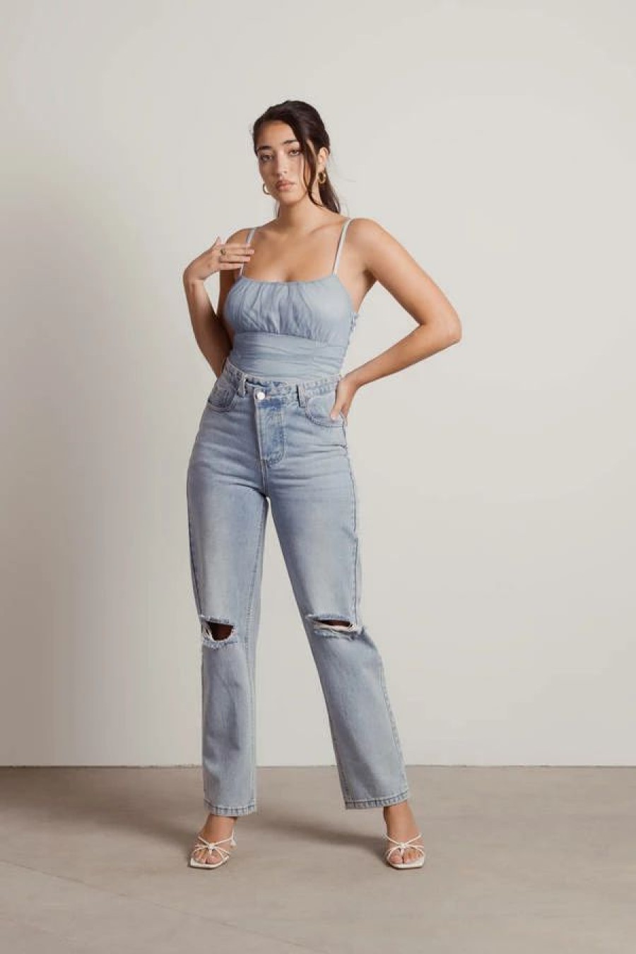 * Tobi Believe Me Light Blue Mesh Ruched Cami Bodysuit | Mesh Tops