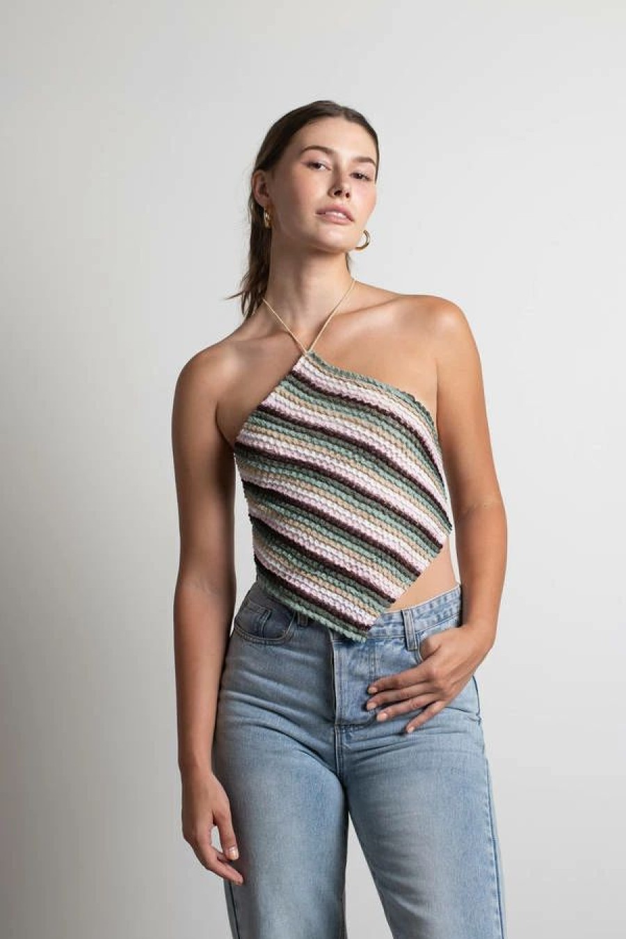 * Tobi State Of Mind Sage Multi Sweater Striped Halter Scarf Crop Top | Crop Tops