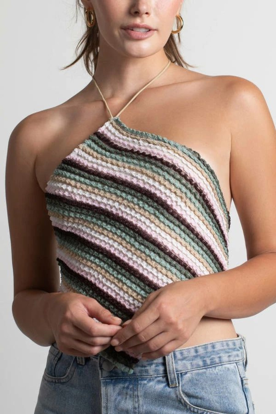 * Tobi State Of Mind Sage Multi Sweater Striped Halter Scarf Crop Top | Crop Tops