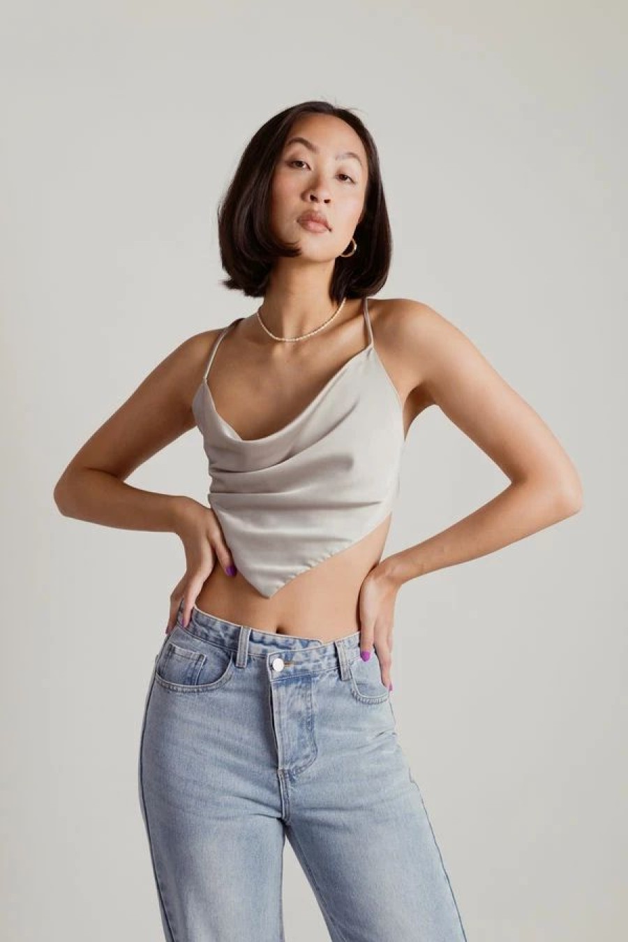 * Tobi Feel Enough Sand Satin Cowl Neck Handkerchief Crop Top | Crop Tops