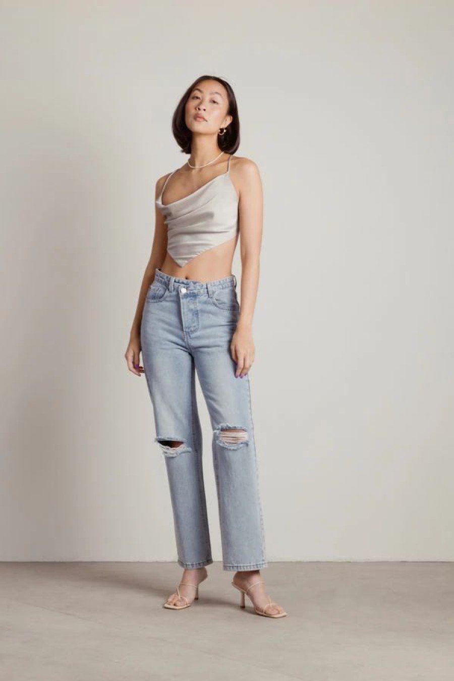 * Tobi Feel Enough Sand Satin Cowl Neck Handkerchief Crop Top | Crop Tops