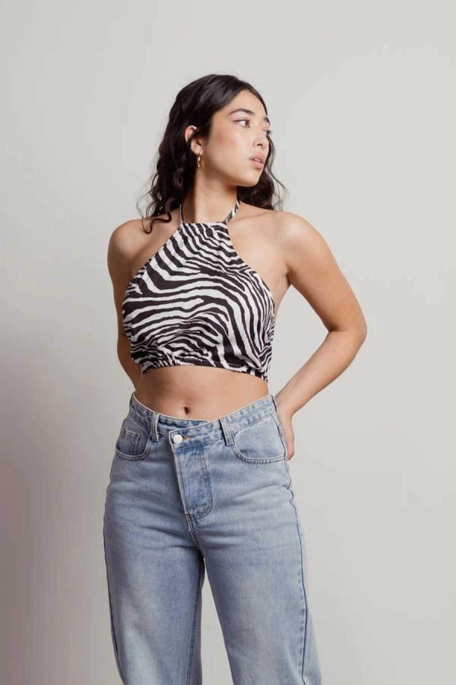 * Tobi Lennox Black-White Zebra Halter Crop Top | Crop Tops