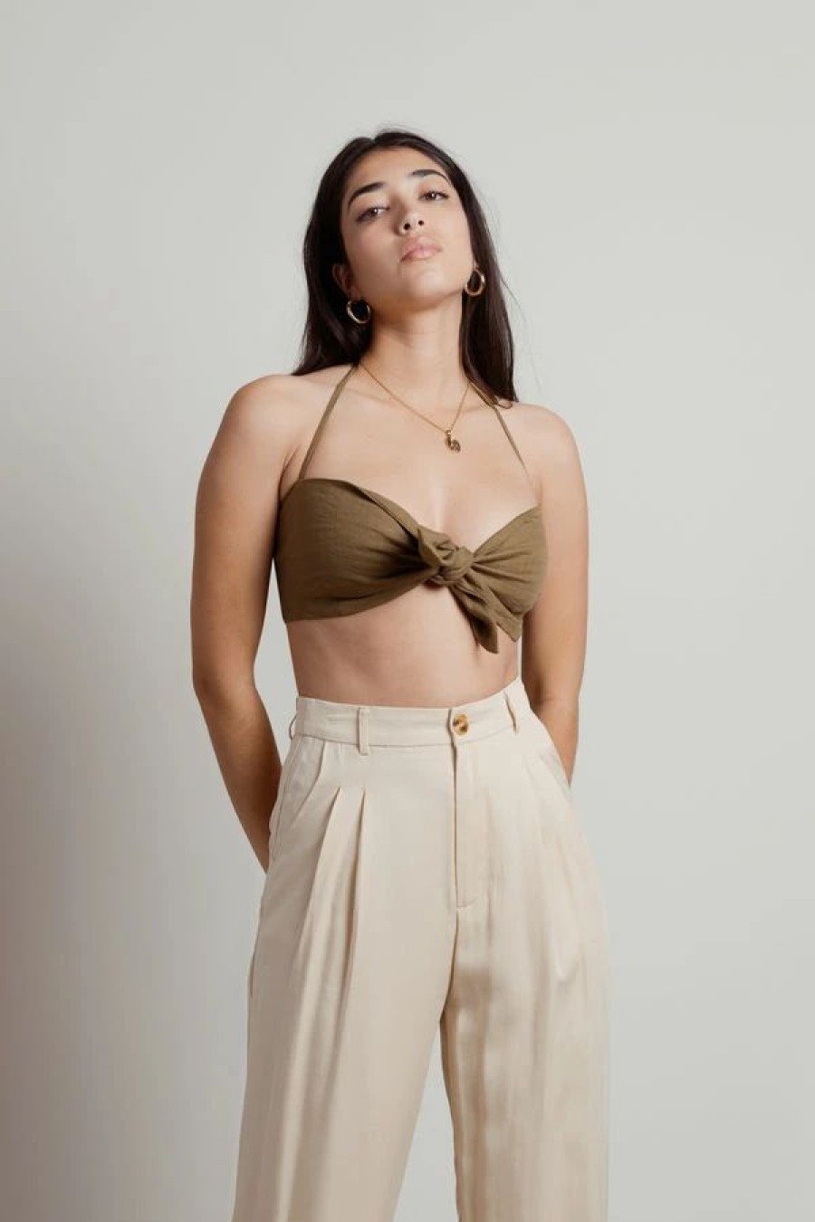 * Tobi Kickin Back Light Olive Linen Halter Tie Front Crop Top | Crop Tops