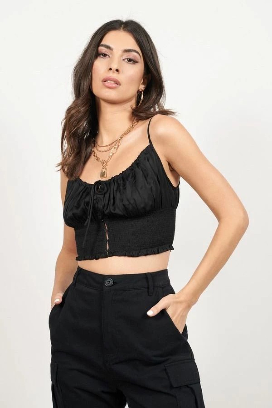 * Tobi Best Regards Black Ruched Satin Crop Top | Crop Tops