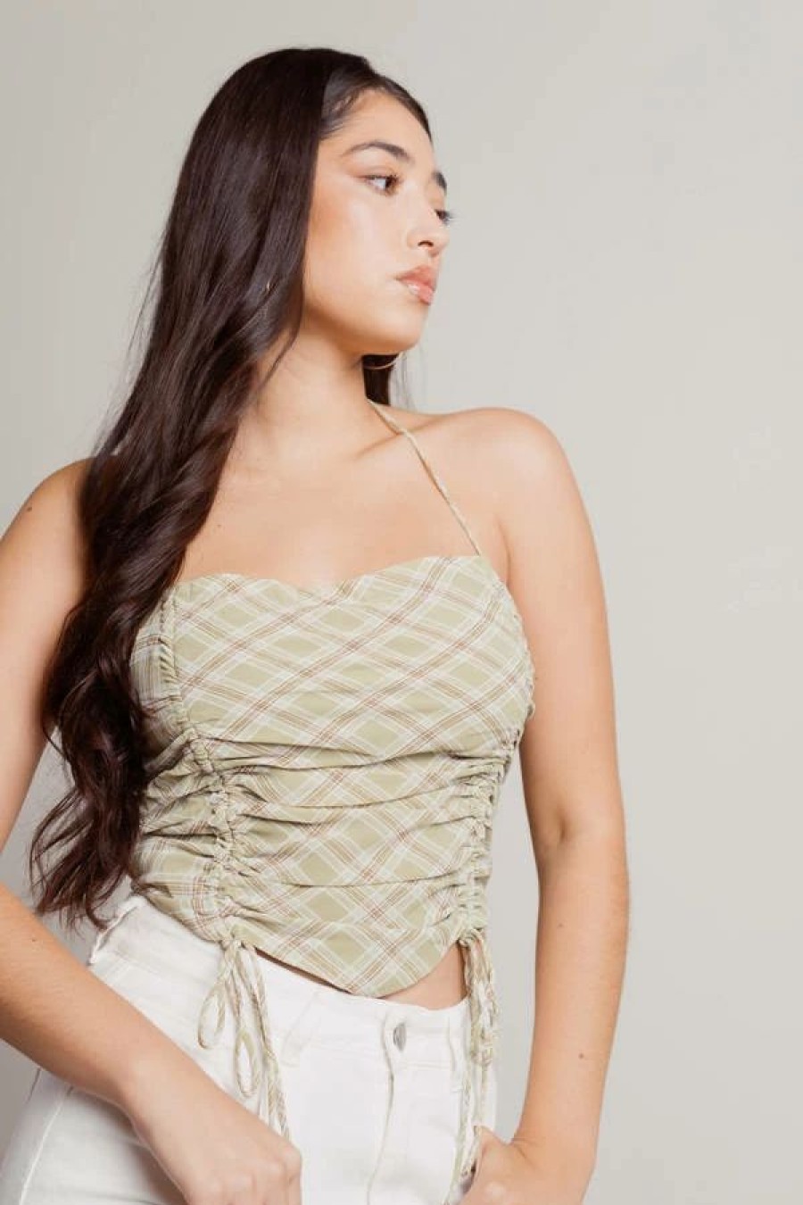 * Tobi Ramie Green Plaid Ruched Halter Crop Top | Crop Tops