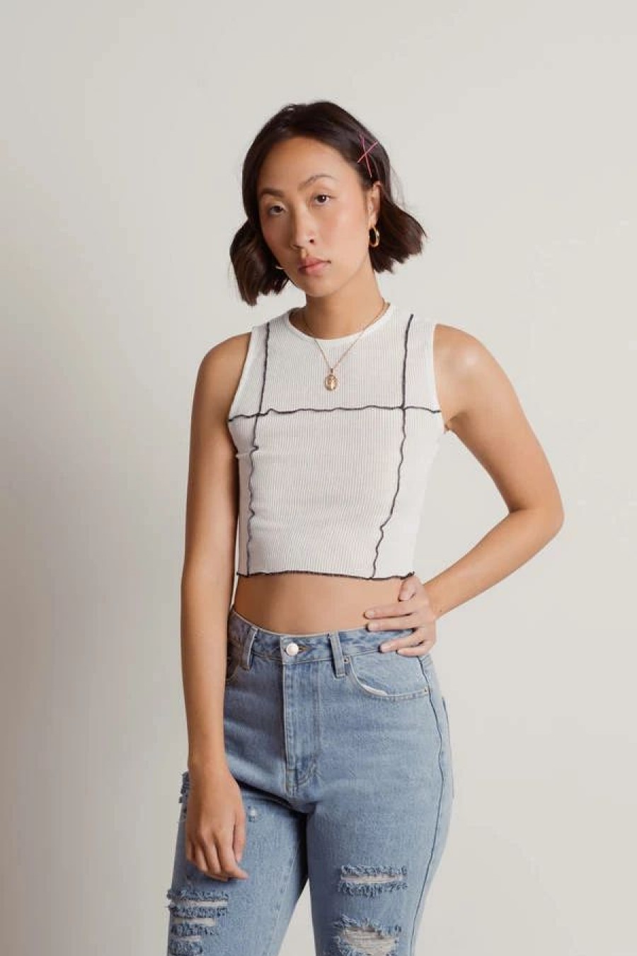 * Tobi Unforgivable Off White Ribbed Contrast Exposed Stitch Tank Top | Crop Tops