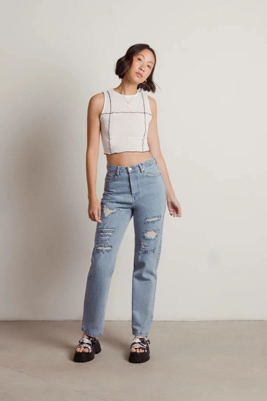 * Tobi Unforgivable Off White Ribbed Contrast Exposed Stitch Tank Top | Crop Tops