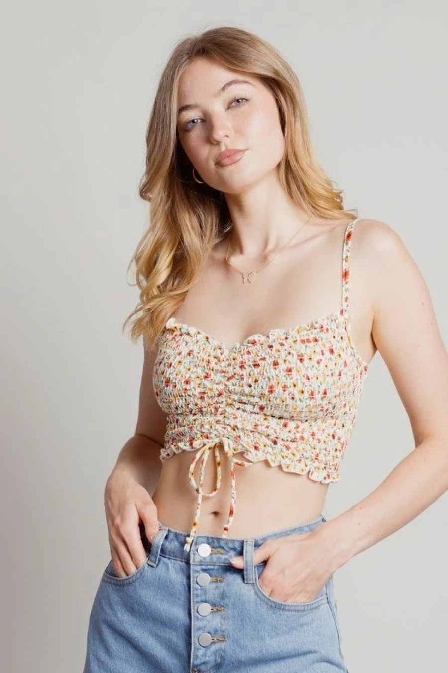 * Tobi Flower Power Ivory Floral Ruched Smocked Crop Top | Crop Tops