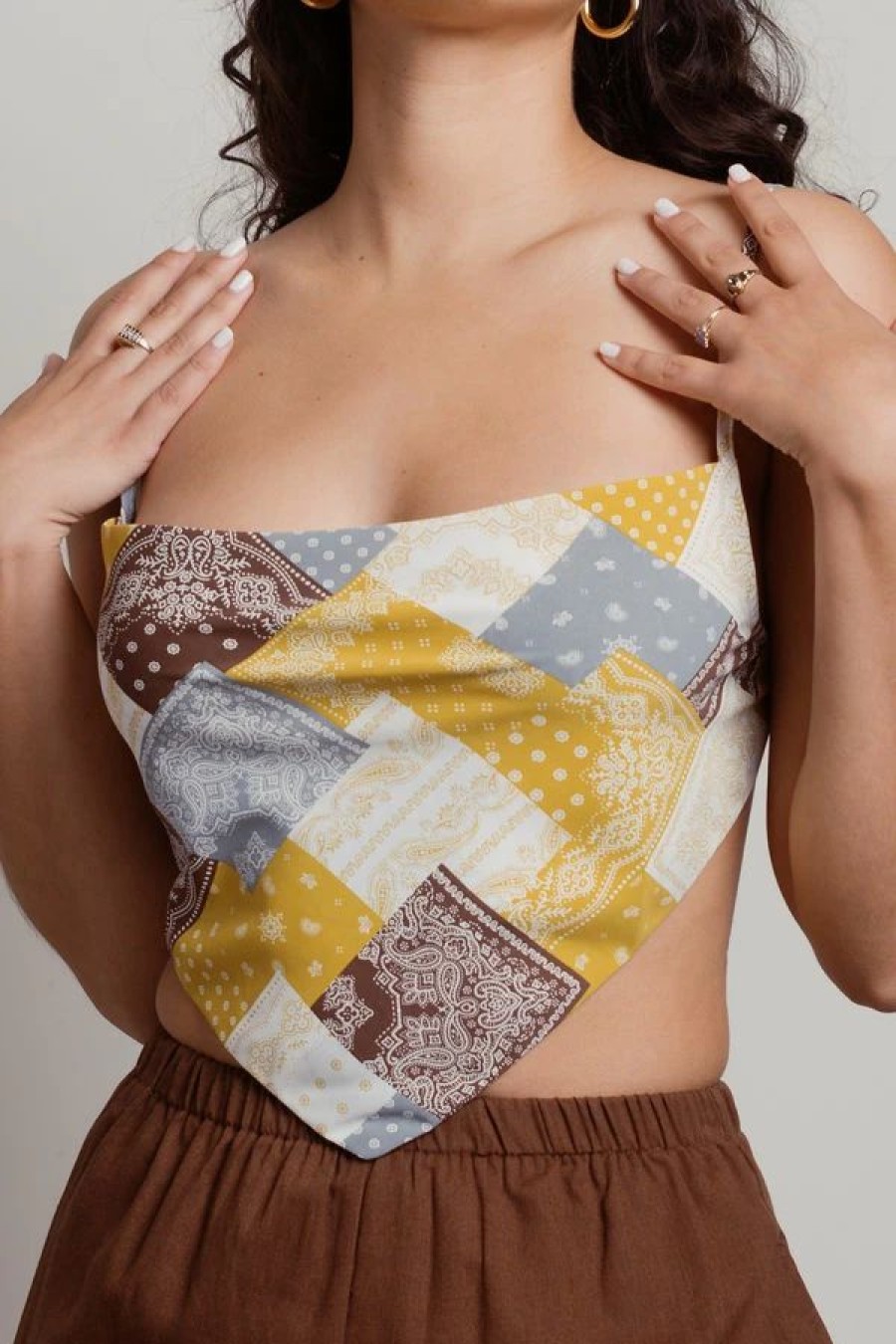 * Tobi Youra Brown Patchwork Pattern Handkerchief Crop Top | Crop Tops