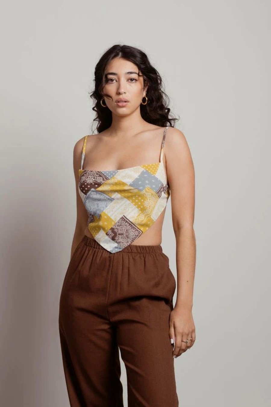 * Tobi Youra Brown Patchwork Pattern Handkerchief Crop Top | Crop Tops