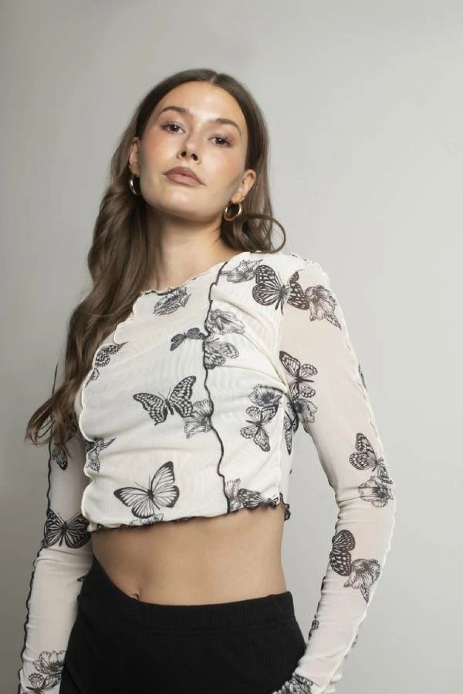 * Tobi The Collector Cream Sheer Butterfly Mesh Top | Crop Tops